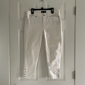 Talbots Flawless Crop Capri Pants 2P White Denim Lace up Hem Detail Stretch